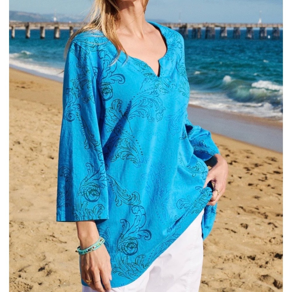 NWT Fresh Produce Waverly Swirl Jersey Tunic Top Blue 3/4 Bell Sleeve Pockets 1X